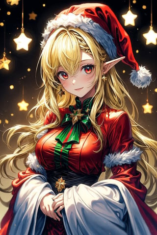 1girl, blonde hair, red eyes, Christmas elf, red white and green dresd