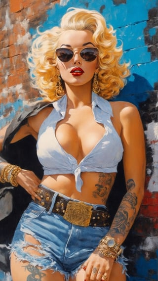 full body wide shot of Marilyn Monroe holding a smoking handgun Ak-47 assult rifle with long ginger wavy hair standing in front of a wall covered with artful graffiti, skin & body covered in Yakuza’s Irezumi 刺青 tattoos on all over her body, tattoo sleeves, detailed blue eyes, wearing modern gangsta rap fashion type clothing with lots of gold, black gang bandana, gold teeth, gold rings, big gold bracelet, big gold & diamond necklace chain, sexy girl, on the old school cadillac hood, big_breasts, accentuated breasts, large pelvic, nice smooth abs, wide hip, narrow waist, curvy waist, ((slim, skinny waist:1.4)), seductress, playful, tempting, smug face, ((wide hips)), ((huge pelvic), one of the most popular sex symbols of the 1950s and early 1960s, as well as an emblem of the era's sexual revolution, fall vibes, blushed, looking at the camera, colorful scene shot, professional photography, ultra sharp focus, (masterpiece, best quality:1.1), 8K, Ultra-HD, ultra-best quality, (masterpiece: 1.2), ultra-detailed, best shadow, detailed hand, hyper-realistic, (detailed background), EnvyBeautyMix23, perfecteyes,HZ Steampunk,dripping paint,6000,Movie Still, mecha,aw0k