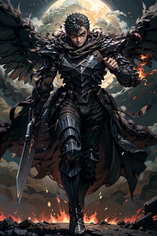 high detailed full body wide shot of "Guts" in his Berserker Armor from the manga by Kentaro Miura, swinging a giant buster sword that is twice his size like Cloud from FinalFantasy, left arm is armored black in color and mechanical with a hidden weapon hi-tech, scars and battle damage (8k, ultra-best quality, masterpiece: 1.2), ultra-detailed, best shadow, detailed hand, hyper-realistic portraits, (detailed background), Godhand. Set him against a background of an eclipse in raging fire with black flames dancing in the backdrop, creating an inferno-like atmosphere. ((Perfect face)), ((perfect hands)), ((perfect body)), guts \(berserk\)