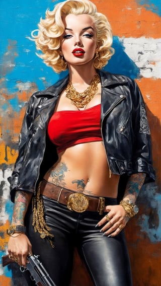 full body wide shot of Marilyn Monroe holding an assult rifle Ak-47 with long ginger wavy hair standing in front of a wall covered with artful graffiti, skin & body covered in Yakuza’s Irezumi 刺青 tattoos all over her body, tattoo sleeves both arms, detailed blue eyes, wearing modern gangsta rap fashion type clothing with lots of gold, black gang bandana, black leather jacket, smoking, sunglasses, gold teeth, gold rings, big gold bracelet, big gold & diamond necklace chain, sexy girl, on the old school cadillac hood, big_breasts, accentuated breasts, large pelvic, nice smooth abs, wide hip, narrow waist, curvy waist, ((slim, skinny waist:1.4)), seductress, playful, tempting, smug face, ((wide hips)), ((huge pelvic), one of the most popular sex symbols of the 1950s and early 1960s, as well as an emblem of the era's sexual revolution, fall vibes, blushed, looking at the camera, colorful scene shot, professional photography, ultra sharp focus, (masterpiece, best quality:1.1), 8K, Ultra-HD, ultra-best quality, (masterpiece: 1.2), ultra-detailed, best shadow, detailed hand, hyper-realistic, (detailed background), EnvyBeautyMix23, perfecteyes,HZ Steampunk,dripping paint,6000,Movie Still, mecha,aw0k