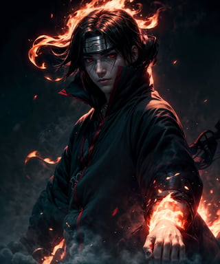 Visualize the legendary Itachi Uchiha, a prominent character from the Naruto anime. full body, muscular physique, reflecting his formidable strength.

Itachi Uchiha is clad in his signature ninja attire. His defining ability is his mastery over fire, black flames, showcasing his power to manipulate fire at will. Set to backdrop of black crows flying in distance and sitting on his shoulder

Set him against a background of raging fire, with black flames dancing in the backdrop, creating an inferno-like atmosphere. The flames should emphasize his fiery abilities and his unwavering resolve.

Capture this image to pay homage to Itachi Uchiha's character, showcasing his powerful presence and his association with the element of blackfire, a central theme in his story arc within the Naruto series." ((Perfect face)), ((perfect hands)), ((perfect body)), [perfect image of Itachi Uchiha (Naruto anime character)],Circle