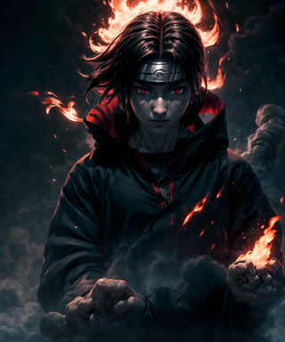 Visualize the legendary Itachi Uchiha, a prominent character from the Naruto anime. full body, muscular physique, reflecting his formidable strength.

Itachi Uchiha is clad in his signature ninja attire. His defining ability is his mastery over fire, black flames, showcasing his power to manipulate fire at will. Set to backdrop of black crows flying in distance and sitting on his shoulder

Set him against a background of raging fire, with black flames dancing in the backdrop, creating an inferno-like atmosphere. The flames should emphasize his fiery abilities and his unwavering resolve.

Capture this image to pay homage to Itachi Uchiha's character, showcasing his powerful presence and his association with the element of blackfire, a central theme in his story arc within the Naruto series." ((Perfect face)), ((perfect hands)), ((perfect body)), [perfect image of Itachi Uchiha (Naruto anime character)],Circle