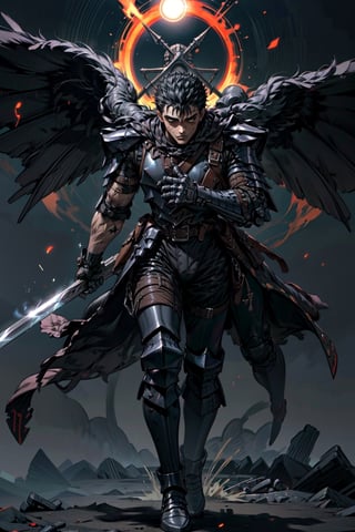 high detailed full body wide shot of "Guts" in his Berserker Armor from the manga by Kentaro Miura, swinging giant buster sword that is twice his size like Cloud from FinalFantasy, left arm is armored black in color and mechanical with a hidden hi-tech weapon, scars and battle damage (8k, ultra-best quality, masterpiece: 1.2), ultra-detailed, best shadow, detailed hand, hyper-realistic portraits, (detailed background), Godhand. Set him against a background of an eclipse in a raging fire with black flames dancing in the backdrop, creating a hell-like atmosphere. ((Perfect face)), ((perfect hands)), ((perfect body)), guts \(berserk\)