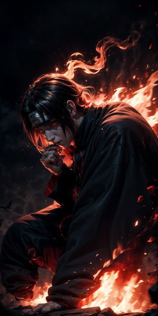 Visualize the legendary Itachi Uchiha, a prominent character from the Naruto anime. full body, muscular physique, reflecting his formidable strength.

Itachi Uchiha is clad in his signature ninja attire. His defining ability is his mastery over fire, black flames, showcasing his power to manipulate fire at will. Set to backdrop of black crows flying in distance and sitting on his shoulder

Set him against a background of raging fire, with black flames dancing in the backdrop, creating an inferno-like atmosphere. The flames should emphasize his fiery abilities and his unwavering resolve.

Capture this image to pay homage to Itachi Uchiha's character, showcasing his powerful presence and his association with the element of blackfire, a central theme in his story arc within the Naruto series." ((Perfect face)), ((perfect hands)), ((perfect body)), [perfect image of Itachi Uchiha (Naruto anime character)]