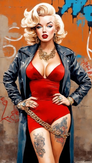 full body wide shot of Marilyn Monroe holding a smoking handgun Ak-47 assult rifle with long ginger wavy hair standing in front of a wall covered with artful graffiti, skin & body covered in Yakuza’s Irezumi 刺青 tattoos on all over her body, tattoo sleeves both arms, detailed blue eyes, wearing modern gangsta rap fashion type clothing with lots of gold, black gang bandana, black leather jacket, smoking, gold teeth, gold rings, big gold bracelet, big gold & diamond necklace chain, sexy girl, on the old school cadillac hood, big_breasts, accentuated breasts, large pelvic, nice smooth abs, wide hip, narrow waist, curvy waist, ((slim, skinny waist:1.4)), seductress, playful, tempting, smug face, ((wide hips)), ((huge pelvic), one of the most popular sex symbols of the 1950s and early 1960s, as well as an emblem of the era's sexual revolution, fall vibes, blushed, looking at the camera, colorful scene shot, professional photography, ultra sharp focus, (masterpiece, best quality:1.1), 8K, Ultra-HD, ultra-best quality, (masterpiece: 1.2), ultra-detailed, best shadow, detailed hand, hyper-realistic, (detailed background), EnvyBeautyMix23, perfecteyes,HZ Steampunk,dripping paint,6000,Movie Still, mecha,aw0k