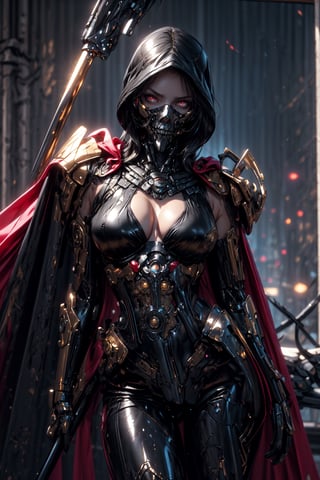 8K, Ultra-HD, ultra-best quality, (masterpiece: 1.2), ultra-detailed, best shadow, detailed hand, hyper-realistic portraits, (detailed background) Grim Reaper, mostly black and gold color theme, skull inspired intricate face-mask with a big hood and cape, sexy, intriguing, detailed eyes, detailed red eyes glowing, holding a reaper scythe, sexy girl, dynamic pose, (masterpiece, best quality:1.1), medium_breasts, accentuated breast, large pelvic, wide hip, narrow waist, curvy waist, ((slim, skinny waist:1.4)), seductress, playful, tempting, smug face, ((wide hips)), ((huge pelvic), ultra detailed artistic photography, midnight aura, night sky, dreamy, backlit, glamour, glimmer, shadows, oil on canvas, brush strokes, smooth, ultra high definition, unreal engine 5, ultra sharp focus, art by alberto seveso, artgerm, loish, sf, intricate artwork masterpiece, ominous, matte painting movie poster, golden ratio, trending on cgsociety, intricate, epic, trending on artstation, by artgerm, h. r. giger and beksinski, highly detailed, vibrant, production cinematic character render, ultra high quality model, mech
