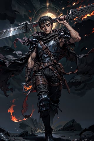 high detailed full body wide shot of "Guts" in his Berserker Armor from the manga by Kentaro Miura, swinging a giant (buster sword) that is twice his size, left arm is armored black in color mechanical with a hidden hi-tech weapon, scars and battle damage, renowned as the "Black Swordsman" a former mercenary and branded wanderer who travels the world even as his inner darkness festers deep within him and its temptation becomes increasingly harder to resist, he retains his empathy and compassion, refusing to discard his humanity (8k, ultra-best quality, masterpiece: 1.2), ultra-detailed, best shadow, detailed hand, hyper-realistic portraits, (detailed background), glowing right eye. God-hand. Eclipse. His defining ability is his mastery over the Buster Sword like Cloud from Final Fantasy 7. Set him against a background of an eclipse and a raging fire with black flames dancing in the backdrop, black crow flying, creating an inferno-like atmosphere. ((Perfect face)), ((perfect hands)), ((perfect body)), traditional media, guts \(berserk\), one eye closed
