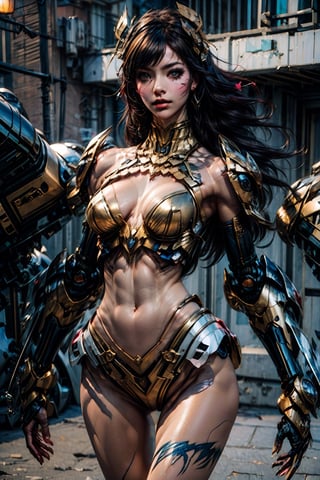 Sexy figure,(masterpiece), best quality, (extremely detailed),(watercolor), illustration, (hero view),(1girl:1.4), (large exposed breasts:1.2), (underboob:1.2), Venom inspired hi-tech ninja face Mask, (intricate detail, makeups), (detailed beautiful delicate face, blue hair, skull facepaint,  fine beautiful delicate eyes, a face of perfect proportion), (Glossy skin: 1.0), fine detailed skin, strong and realistic glowing yellow eyes, realistic hair, ((middle length shoulder, ((light tan skin: 1.4)), mature, Sexy, (muscular: 1.2), ((strong and healthy body)), exposed breasts or vagina, cleavage, Long leg, curved, rib, thin-waist, soft waist, (fine detailed skin), (beautiful and sexy woman), (swollen lips: 0.9), (eyelashes: 1.2), very delicate muscles, perfect body figure, perfect anatomy, perfect details, perfect fingers, perfect limbs, thigh gaps, (perfect hand: 1), beautiful eyes, by Loish, artwork: Loish, watercolor, professional, Bokeh, Decreased saturation, (Medieval background: 1.1), professional, bokeh, watercolor, renaissance,EpicSky,mecha,urban techwear,outfit,renaissance,cibertribal,mecha_girl_figure