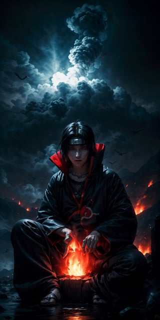 Visualize the legendary Itachi Uchiha, a prominent character from the Naruto anime. full body, muscular physique, reflecting his formidable strength.

Itachi Uchiha is clad in his signature ninja attire. His defining ability is his mastery over fire, black flames, showcasing his power to manipulate fire at will. Set to backdrop of black crows flying in distance and sitting on his shoulder

Set him against a background of raging fire, with black flames dancing in the backdrop, creating an inferno-like atmosphere. The flames should emphasize his fiery abilities and his unwavering resolve.

Capture this image to pay homage to Itachi Uchiha's character, showcasing his powerful presence and his association with the element of blackfire, a central theme in his story arc within the Naruto series." ((Perfect face)), ((perfect hands)), ((perfect body)), [perfect image of Itachi Uchiha (Naruto anime character)]