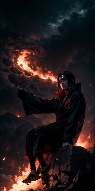 Visualize the legendary Itachi Uchiha, a prominent character from the Naruto anime. full body, muscular physique, reflecting his formidable strength.

Itachi Uchiha is clad in his signature ninja attire. His defining ability is his mastery over fire, black flames, showcasing his power to manipulate fire at will. Set to backdrop of black crows flying in distance and sitting on his shoulder

Set him against a background of raging fire, with black flames dancing in the backdrop, creating an inferno-like atmosphere. The flames should emphasize his fiery abilities and his unwavering resolve.

Capture this image to pay homage to Itachi Uchiha's character, showcasing his powerful presence and his association with the element of blackfire, a central theme in his story arc within the Naruto series." ((Perfect face)), ((perfect hands)), ((perfect body)), [perfect image of Itachi Uchiha (Naruto anime character)]