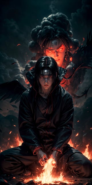 Visualize the legendary Itachi Uchiha, a prominent character from the Naruto anime. full body, muscular physique, reflecting his formidable strength.

Itachi Uchiha is clad in his signature ninja attire. His defining ability is his mastery over fire, black flames, showcasing his power to manipulate fire at will. Set to backdrop of black crows flying in distance and sitting on his shoulder

Set him against a background of raging fire, with black flames dancing in the backdrop, creating an inferno-like atmosphere. The flames should emphasize his fiery abilities and his unwavering resolve.

Capture this image to pay homage to Itachi Uchiha's character, showcasing his powerful presence and his association with the element of blackfire, a central theme in his story arc within the Naruto series." ((Perfect face)), ((perfect hands)), ((perfect body)), [perfect image of Itachi Uchiha (Naruto anime character)]