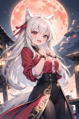 vibrant colors, female, masterpiece, sharp focus, best quality, depth of field, cinematic lighting, ((solo, one woman:1.3 )), (illustration, 8k CG, extremely detailed), masterpiece, ultra-detailed, (cowboy shot, dinamic), red moon, wolfgirl, grey hair, long hair, red eyes, fangs, smile, open mounth, hands up, happy