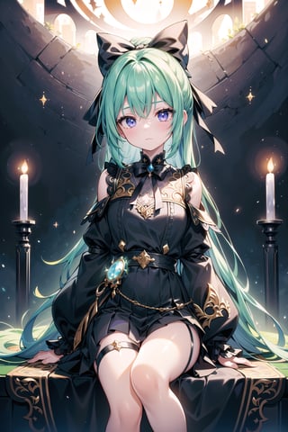 vibrant colors, female, masterpiece, sharp focus, best quality, depth of field, cinematic lighting, ((solo, landscape )), (illustration, 8k CG, (extremely detailed), masterpiece, ultra-detailed, "Encounter between the Earthly World and the Spiritual Realm"

In this suggestive representation, a young girl with black and green hair wears a pretty black skirt adorned with blue bows. Her purple lipstick accentuates her unique style. A mysterious sun-shaped mark is imprinted on his hand, symbolizing a connection to the spiritual world.
The girl's haunted eyes are intense and reflect her awareness of a magical interaction. At his feet, the ground is adorned with skulls, suggesting a connection between the earthly world and the afterlife. In the sky, two mirrors float, creating a surreal atmosphere and symbolizing the duality between everyday life and the spiritual dimension, this work embodies the meeting of two worlds, inviting you to explore the magic and mysterious connection between the real and the unreal.,light