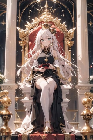 One girl(adult woman, on the throne), white long hair, bright green eyes , serious face, medium breast, masterpiece,  best quality,  high quality, chlotes( long royal dress (golden, red, black), crown (gold/black), earrings  (dress:1.3)), background (Royale throne room ,big hall , little stairs, ground whit throne, throne (gold/black), shining light from the up)
