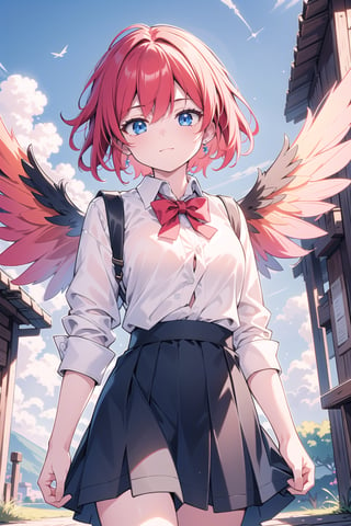 vibrant colors, female, masterpiece, sharp focus, best quality, depth of field, cinematic lighting, ((solo, one woman:1.3 )), (illustration, 8k CG, extremely detailed), masterpiece, ultra-detailed, (cowboy shot, dinamic), red hair girl , blue eyes , clouds, sky, fly, wings, schoolgirl clothes, blue skirt, white shirt, background lawn 