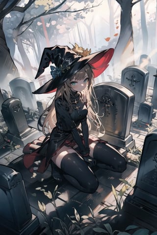 One girl (sit on ground ), blonde long hair, green light eyes, naughty face, evil smile,  masterpieces (masterpiece :1.1), best quality, high quality, chlotes, medium breast, ( witch hat, witch dress, witch gloves,) (chlotes :1.2), background ( graveyards, headstones (headstones:1.2), smoke, trees whitout leafs, gloomy environment) view from high ,Brown hair ,fumina