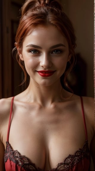 (4k), (masterpiece), (best quality),(extremely intricate), (photorealistic), (sharp focus), (award winning), (cinematic lighting), (extremely detailed), (epic), (hyperdetailed photograph)

beautiful 33 year old redhaired English woman with 36C chest and long legs , brown eyes, large eyes., snub slightly upturned nose, straight hair in ponytail, cute smile, cute, happy, red lipstick, 
