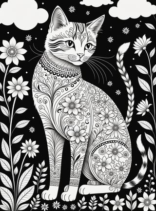 A cute CAT with beautiful long legs, EXOTIC flowers folk art, clouds, and trees, in the style of Edward Tingatinga, in whimsical folk art BLACK background, 8K crisp lines, no shading, and Fully groomed. PERFECT LINE DETAILS.HD black and white coloring, white background, Black and white coloring book page, crisp lines, no shading, Fully groomed. PERFECT LINE DETAILS



