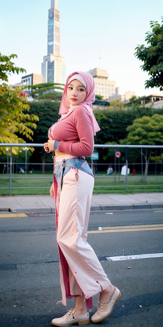  best quality, masterpiece, (photorealistic:1.4), 1girl, 18 year old girl, (clear white_hijab), perfect milfication body, muslim, slim waist, big hips, big booty, perfect body shape, skinny, milfication, (pink shirt, unbuttoned cardigan, long tight skirt), gigantic_breasts, hand on hips poses, shy expression, erotic poses,milfication,mature female,milf, (at park background), flat lighting,igirl,hijab,hourglass body shape,hij4b,n0t