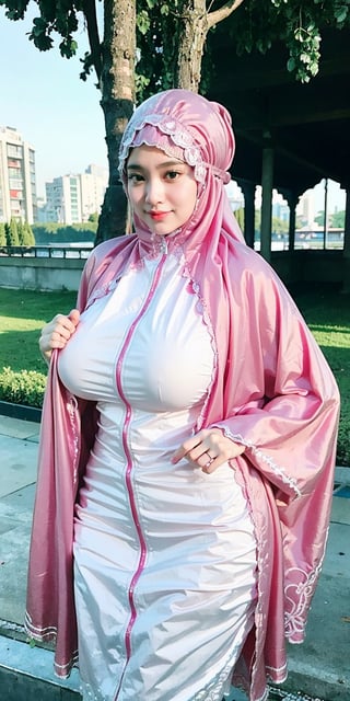  best quality, masterpiece, (photorealistic:1.4), 1girl, 18 year old girl, (clear white_hijab), perfect milfication body, muslim, slim waist, big hips, big booty, perfect body shape, skinny, milfication, (pink shirt, unbuttoned cardigan, long tight skirt), gigantic_breasts, hand on hips poses, shy expression, erotic poses,milfication,mature female,milf, (at park background), flat lighting,igirl,hijab,hourglass body shape,hij4b,n0t,4ngel,indonesia,mukena