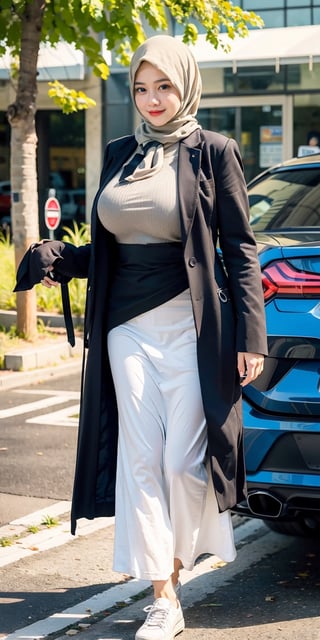 full body shot, best quality, masterpiece, (photorealistic:1.4), 1girl, 18 year old girl, (clear white_hijab), perfect milfication body, slim waist, big hips, perfect body shape, skinny, petite body, huge tits, (tight white shirt, long sleeves, long coat, white long skirt, slip on shoes), sling bag, gigantic_breasts, light smile, realistic expression,milfication,mature female,milf, (at street, standing side of a BMW, scenery background), flat lighting,igirl,hijab,hourglass body shape,hij4b,hijab indonesia,indonesia