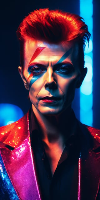 (masterpiece:1), A photo full body of David Bowie in a surrealist Cyberpunk place, ultra realistic, stunning, mythical being, energy, molecular, textures, iridescent and luminescent scales, breathtaking beauty, pure perfection, divine presence, unforgettable, impressive, breathtaking beauty, Volumetric light, auras, rays, vivid colors reflects, ultra realistic, 8k, HD, Photography, Shadow lighting, (dark blue background:1),(cinematic dark lighting:1.4), beautifull style, (Beautifull colours),photo r3al,detailmaster2, latex, (red and blue), perfect face,perfecteyes, neon lighting, (pore skin),Movie Still,