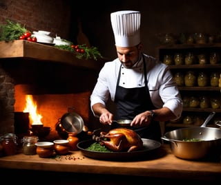 (masterpiece:1) A photo a rustic kitchen bathed in dim light, a chef in a crisp white uniform and tall hat concentrating on his culinary masterpiece. A succulent roast, golden brown and bursting with spicy aromas, cooks in an old-fashioned oven with metal knobs and handles. Fresh herbs and aromatic spices are scattered on the wooden countertop, evidence of meticulous preparation.

The shelves, crammed with neat jars and containers, reveal a well-equipped kitchen and an experienced cook. The warmth of the atmosphere is heightened by the presence of a simmering pot and the gentle sound of cooking.

Beyond the kitchen is a glimpse of a cozy dining room, ready to welcome guests to enjoy the chef's delicious creation. The image evokes an unforgettable dining experience where the passion for cooking is transformed into a feast for the senses.

ultra realistic, 8k, HD, Photography, Shadow lighting, (black background:1),(cinematic dark lighting:1.4), beautifull style, (Beautifull colours),photo r3al,detailmaster2, perfect face,perfecteyes, neon lighting, (pore skin.1), no makeup