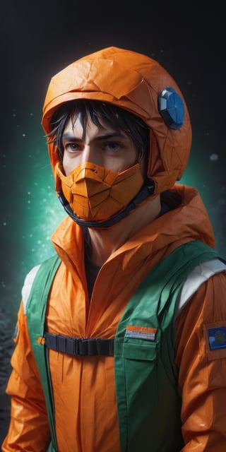 A masterpiece, a (medium-length:1) photographic image shows a man in an orange astronaut suit and an Orange fruit mask on his head. (Orange fruit head:1), The Orange fruit is large and covers the man's entire head. It has black eyes, a nose, and a mouth. The man's skin is light brown. He is wearing a blue shirt, a green tie, and green pants. The shirt has a pocket on the chest and the tie is tied with a simple knot. The pants have two pockets on the sides and are fastened with a black belt. The man is standing in front of a black background, (Esao Andrews:1), with dynamic pose, ultra-realistic, 8k, HD, photography, lighting with shadows, black background, dark cinematic lighting, beautiful style, beautiful colors, booth, (lighting background:1),ral-orgmi