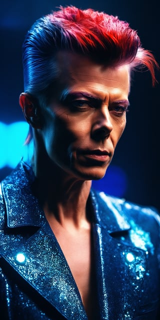 (masterpiece:1), A photo (full body:1.2) of David Bowie in a surrealist Cyberpunk 2077 world, ultra realistic, stunning, something that even doesn't exist, mythical being, energy, molecular, textures, iridescent and luminescent scales, breathtaking beauty, pure perfection, divine presence, unforgettable, impressive, breathtaking beauty, Volumetric light, auras, rays, vivid colors reflects, ultra realistic, 8k, HD, Photography, Shadow lighting, (dark blue background:1),(cinematic dark lighting:1.4), beautifull style, (Beautifull colours),photo r3al,detailmaster2, latex, (red and blue), perfect face,perfecteyes, neon lighting, (pore skin),Movie Still,