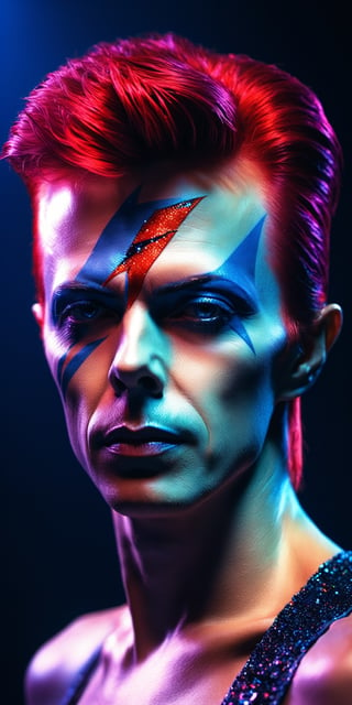 ultra realistic, (masterpiece:1), A photo (full body:1) of David Bowie in a surrealist Cyberpunk 2077 world, stunning, something that even doesn't exist, mythical being, energy, molecular, textures, iridescent and luminescent scales, breathtaking beauty, pure perfection, divine presence, unforgettable, impressive, breathtaking beauty, Volumetric light, auras, rays, vivid colors reflects, ultra realistic, 8k, HD, Photography, Shadow lighting, (dark blue background:1),(cinematic dark lighting:1.4), beautifull style, (Beautifull colours),photo r3al,detailmaster2, latex, (red and blue), perfect face,perfecteyes, neon lighting, (pore skin),Movie Still,