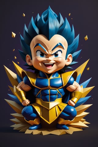 (full body) intricate coloring, vector graphic logo design of a baby Vegeta laughing, art style by anime insomnia, 3-6-9 pattern, art and mathematics fusion, high resolution, kawaii, cute, Elegant, sophisticated, muted color scheme, hyper detailed, trending at artstation, sharp focus, studio photography, highly detailed, centered, bright color, solid dark background, made with adobe illustrator, movie still, polygonal, Leonardo Style