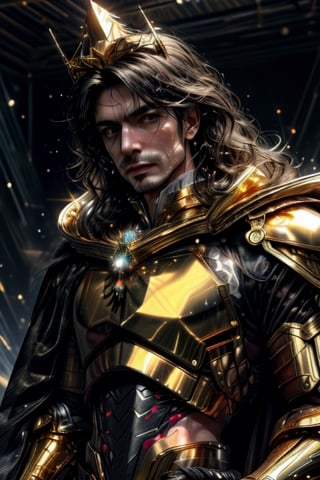 1man, Libra Shiryu, long dark hair (((Medium Shot))), dressed in the golden armor of Libra, holding a scepter with golden scales, on a black cloth background, The knights of the zodiac, Cloth and gold armor, perfect eyes, skin pores, clear skin, skin with gold drops, ((mystical background)) good anatomy, perfect hands, perfect eyes,4ry4,magical brackground,cloud, background_sky, mystical sky, ultra realistic, background details, (detail face), clear face, clear photography,perfecteyes, ((dramatic lighting)) sweat, (sweat droplets golden), God and the stars, the space is nice, random place, a lovely golden armor, extremely long hair, messy hair