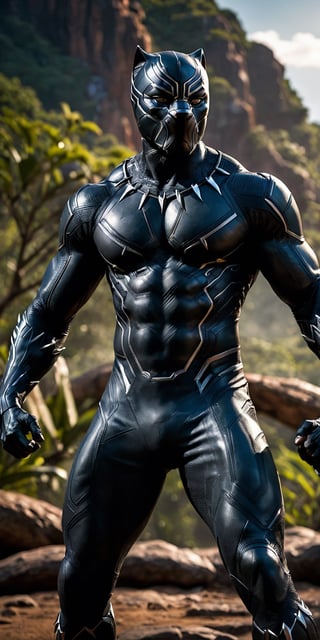 A masterpiece, a photo of the black panther of Marvel, full body with muscles, Jungleland background, sweaty face, defiant look, with dynamic pose, ultra realistic, 8k, HD, photography, lighting with shadows, black background, dark cinematic lighting, beautiful style, beautiful colors.
