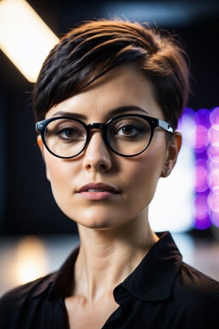 Woman with black glasses, wearing a black shirt, pore skin, no makeup, short hair, studio light, rim light, white background, shallow depth of field, highly detailed, high budget, film still, bokeh, cinemascope, moody, epic, gorgeous, film grain, a grainy, grim,  cinematic masterwork by the head of prompt engineering, more detail XL, Flora, (behind a white studio and beautiful field:1.2), (violet light lateral:1), (Extremely textura:1.1)