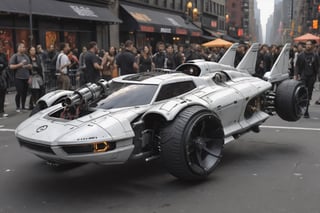 the Mandalorian Naboo N-1 starfighter, (concept ship:1), (Star Wars:1), fancy cyborg design, futuristic, cyborg style, cyberpunk style, surrounded by people, Drifting in New York City, Black color, glossy, Light grey and white color wheels, detailmaster2, high details, front perspective view, cyberpunk, pturbo