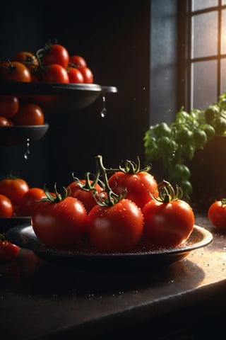 A masterpiece, (a photo of large red tomatoes inside a very small bolw:1), around more large tomatoes, tomatoes have water drops, dark kitchen table, (small black bowl:0.5) on a cozy kitchen on a sunny day, perfect lighting, background beautifull tradicional kitchen, with dynamic pose, ultra realistic, 8k, HD, photography, lighting with shadows, black background, dark cinematic lighting, beautiful style, beautiful colors, (golden hour lighting:1),(big tomatoes:1),booth