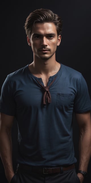 A masterpiece, a (full-length:1) photographic image shows 2 men in a dark blue t-shirt. The man's skin is light white. The shirt has a pocket on the chest and the tie is tied with a simple knot. The man is standing in front of a black background, (Esao Andrews:1), with dynamic pose, ultra-realistic, 8k, HD, photography, lighting with shadows, black background, dark cinematic lighting, beautiful style, beautiful colors, booth, (lighting background:1)