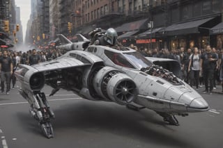 the Mandalorian Naboo N-1 starfighter, (concept ship:1), (Star Wars:1), fancy cyborg design, futuristic, cyborg style, cyberpunk style, surrounded by people, Drifting in New York City, Black color, glossy, Light grey and white color wheels, detailmaster2, high details, front perspective view, cyberpunk, pturbo