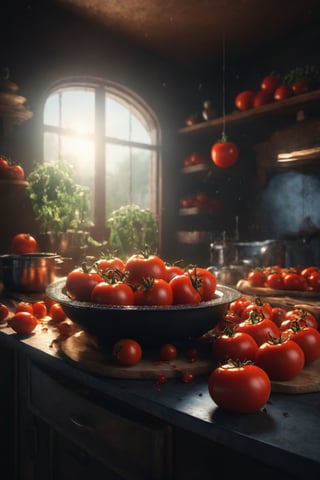 A masterpiece, (a photo of large red tomatoes inside a very small bolw:1), around more large tomatoes, tomatoes have water drops, dark kitchen table, (small black bowl:0.5) on a cozy kitchen on a sunny day, perfect lighting, background beautifull tradicional kitchen, with dynamic pose, ultra realistic, 8k, HD, photography, lighting with shadows, black background, dark cinematic lighting, beautiful style, beautiful colors, (golden hour lighting:1),(big tomatoes:1),booth