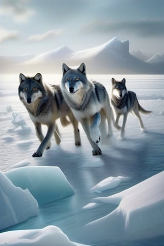 A flock of silver wolves runs across an ice field, followed by an iceberg
