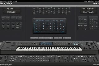 Masterpiece, highly detailed 88 keys E-MU EMAX 2023 synthesizer, 3 monitor screens to display the plugins and visualize the music, screenscyberpunk style,photo r3al