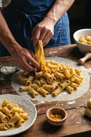 Create a vibrant and detailed illustration showcasing a variety of traditional pasta types. The scene should be set in a cozy Italian kitchen or a rustic pasta workshop, filled with the rich cultural ambiance of Italy. Highlight each type of pasta with clear visual representation, from the preparation of the dough to the final shapes. Include both common and unique pasta varieties, showcasing their distinct characteristics and origins:

1. **Pasta Dough Preparation:** Begin with a scene of a cook preparing the pasta dough. Show a wooden workbench dusted with flour, where ingredients like eggs, flour, and water are being mixed and kneaded into a smooth, elastic dough. Capture the hands-on process of kneading the dough, the rich, golden color of the mixture, and the tools used, such as a rolling pin and a pasta cutter.

2. **Sheet Pasta (Fettuccine and Lasagna):** Illustrate the process of rolling out the dough into thin sheets. Show the dough being fed through a pasta machine or rolled out by hand into long, even sheets. Highlight the process of cutting these sheets into fettuccine ribbons and wide lasagna strips. Display the fettuccine arranged in neat nests and lasagna sheets laid flat, ready for cooking or drying.

3. **Ribbon Pasta (Tagliatelle and Pappardelle):** Visualize the rolling and cutting of pasta into wider ribbons. Show tagliatelle, slightly narrower, and pappardelle, broader and thicker. Include details of the pasta being dusted with flour to prevent sticking and neatly coiled into bundles. Capture the subtle differences in width and texture between these types.

4. **Tube Pasta (Penne and Rigatoni):** Depict the shaping of tubular pasta using a pasta extruder or by hand. Show the process of forming penne with their diagonal cuts and ridged surface, and rigatoni with their wider diameter and straight cuts. Display these pasta types in a bowl, highlighting their ability to hold sauce inside their ridges and hollow centers.

5. **Stuffed Pasta (Ravioli and Tortellini):** Illustrate the process of making stuffed pasta. Show small squares of dough being filled with mixtures like ricotta, spinach, or meat for ravioli. Capture the folding and sealing of the dough into neat parcels. For tortellini, depict the dough being wrapped around the filling and twisted into ring shapes. Include the process of crimping the edges to seal the fillings inside.

6. **Shaped Pasta (Fusilli and Farfalle):** Visualize the creation of shaped pasta. Show fusilli being twisted into spiral shapes using a special tool or by hand. For farfalle, depict the cutting of small rectangles of dough and pinching them in the center to create bow-tie shapes. Highlight the intricate details and playful forms of these pastas.

7. **Long Pasta (Spaghetti and Linguine):** Depict the making of long, thin pasta strands. Show spaghetti being stretched and cut into uniform lengths. Illustrate the slight flatness of linguine, with its edges slightly thicker than the middle. Display these pastas hanging to dry on a drying rack or coiled into nests.

8. **Specialty Pasta (Orecchiette and Cavatelli):** Conclude with unique regional pasta types. Show orecchiette, small ear-shaped pasta, being formed by pressing with the thumb or a special tool. Illustrate cavatelli, small rolled pasta with a hollow center, created by rolling pieces of dough with fingers. Highlight the distinctive shapes and textures that make these pastas stand out.

9. **Cultural Ambiance and Surroundings:** Add a backdrop that reflects the warm, inviting atmosphere of Italian cuisine. Include details like baskets of fresh ingredients (tomatoes, basil, garlic), a rolling pin, a pasta drying rack, and a cozy kitchen setting with rustic wooden shelves and hanging herbs. Capture the essence of Italian culinary tradition and the joy of handmade pasta.

Use warm, earthy tones and detailed textures to bring each type of pasta to life, from the smooth, golden dough to the intricate, finished shapes. Each type should be clearly labeled to guide the viewer through the variety of pasta styles and the craftsmanship involved in their creation.
This prompt should provide a vivid and engaging depiction of various pasta types, showcasing their unique forms and the artisanal process behind each one, set in a charming Italian kitchen environment.