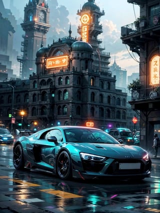1car, Super car, wide body kit, modified car, racing livery, masterpiece, best quality, realistic, ultra highres, depth of field,(full dual colour neon lights:1.2), (hard dual colour lighting:1.4), (detailed background), (masterpiece:1.2), (ultra detailed), (best quality), intricate, comprehensive cinematic, magical photography, (gradients), colorful, detailed landscape, aestheticKA, Audi R8, Tokio city