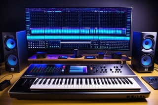 photo r3al, photorealistic, masterpiece, hyperdetailed photography of a 88 keys E-MU EMAX 2023 concept synthesizer, 3 monitors screens to display the plugins and visualize the music, recording studio atmosphere,best quality, 8k UHD, 8k, ultra quality, ultra detailed, LED lights,photo r3al