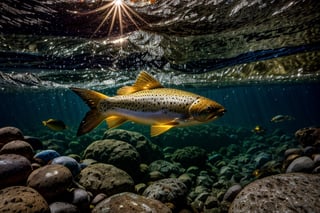 POV, 40% of the view under water and the other 60% on the top looking the sierra scenery, see trough diving experience, wide angle, I am swimming on a crystalline river looking down the water to see how the big colorful and radiant brown Trouts are swimming against the current to approach me, The river has round stones of different colors, the scenery happens in the Sierras of Cordoba, Argentina, Autumn season, Perfect Trouts, hyper-realistic, rays of light trough the water, fish skin and scales of hyper realistic quality, fish almost touching the viewer, 8k UHD, DSLR, soft lighting, high quality, film grain, Fuji-film XT3s,