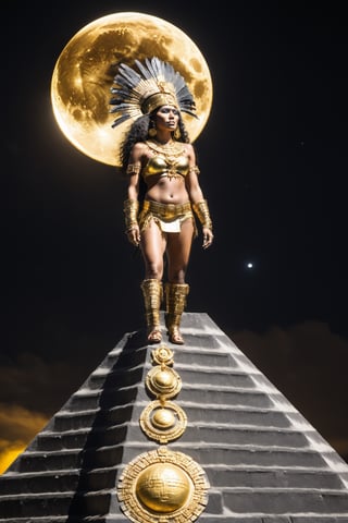 Gorgeous Aztec woman on top of a pyramid during a Solar eclipse, she is dresses with gold and her dark skin reflects the moon light,(PnMakeEnh),photo r3al