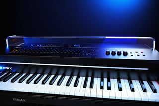 photorealistic, masterpiece, hyperdetailed photography of a 88 keys E-MU EMAX 2023 concept synthesizer with 1 dome type glass monitor screen that proyects parameters like a cockpit HUD to see the plugins and visualize the music, the proyect should fold itseft and become its ouwn carrying box, the piano has also a UHD proyector to see the mixing parameters on a background wall, ultrarealistic piano keyboard, recording studio atmosphere,best quality, 8k UHD, 8k, ultra quality, ultra detailed, LED lights,photo r3al