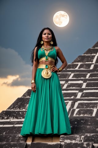 Gorgeous Mayan woman on top of a pyramid during a Solar eclipse, she is dresses with gold ad emeralds and her dark skin reflects the moon light,(PnMakeEnh),photo r3al