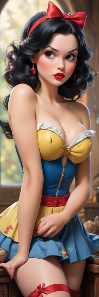 Detailed and lifelike depictions of sexy topless Snow White, radiating a distinct nude pin-up style. Dressed in miniskirts, stockings, and heels, their attire reflects the iconic colors of their traditional outfits, ensuring they're instantly recognizable as their respective characters. While classic features are present, the pin-up flair is undeniable. Artful tattoos add a contemporary touch. Their postures and expressions, combined with their pin-up attire, create a fusion of classic Disney and vintage allure. 