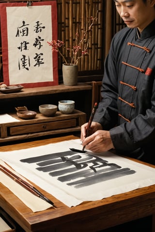 Create a richly detailed and elegant illustration capturing the traditional process of Chinese calligraphy. The scene should progress from left to right, set in a serene, culturally rich environment, such as a scholar’s study or a quiet garden pavilion. Each stage should highlight the artistry, tools, and cultural depth of Chinese calligraphy:

1. **Preparing the Workspace:** Begin with a tranquil scene in a well-lit, serene study room or an outdoor pavilion surrounded by nature. Show a beautifully arranged calligraphy workspace with a smooth, clean surface. Include traditional elements like a low wooden desk, a silk scroll laid out, and a porcelain brush holder. The background should feature details like bamboo plants, ink paintings, or traditional Chinese decor.

2. **Selecting the Tools:** Illustrate the artist carefully selecting their calligraphy tools. Show a variety of high-quality brushes with different sizes and bristle types, ink sticks, and an ornate inkstone. Capture the texture and detail of the brushes’ handles, often made of bamboo or carved wood, and the fine craftsmanship of the inkstone.

3. **Grinding the Ink:** Visualize the process of preparing the ink. Show the artist grinding an ink stick against the smooth surface of the inkstone, with water added to create a rich, black ink. Highlight the rhythmic motion of grinding and the deep, glossy ink gradually pooling in the inkstone’s reservoir.

4. **Preparing the Paper:** Depict the artist carefully unrolling or unfolding the paper, smoothing it out on the desk. The paper, often delicate rice paper or silk, should be shown in a variety of forms, such as long scrolls or smaller sheets. Include details like paperweights or stones used to keep the paper in place.

5. **Brush Techniques and Practice:** Illustrate the artist practicing brush strokes on a practice sheet. Show the various techniques and strokes, from thin, delicate lines to bold, sweeping curves. Highlight the control and precision required to create each stroke, with the artist holding the brush vertically and moving it gracefully across the paper.

6. **Creating the Calligraphy:** Transition to the main scene where the artist is creating a piece of calligraphy. Show the brush moving fluidly, creating elegant Chinese characters or expressive brushwork. Capture the flow and rhythm of the brush, the varying pressure applied to create different line weights, and the ink absorbing into the paper. Include a close-up view of the brush tip and the texture of the strokes.

7. **Finalizing and Displaying:** Conclude with a scene of the finished calligraphy piece being admired or displayed. Show the completed scroll or artwork hung on a wall or being presented in a traditional frame. Include elements like a seal stamp being applied for the artist’s signature and red ink used for the stamp. Surround the scene with other artistic or scholarly objects, such as scrolls, books, or a peaceful garden view.

Use serene, natural tones and detailed textures to bring each stage to life, from the rich, black ink and delicate paper to the graceful brush strokes and the tranquil setting. Each stage should be clearly labeled to guide the viewer through the traditional process and artistic expression of Chinese calligraphy.
This prompt should vividly capture the meticulous and artistic process of Chinese calligraphy, highlighting the cultural depth and serene beauty of this traditional art form.